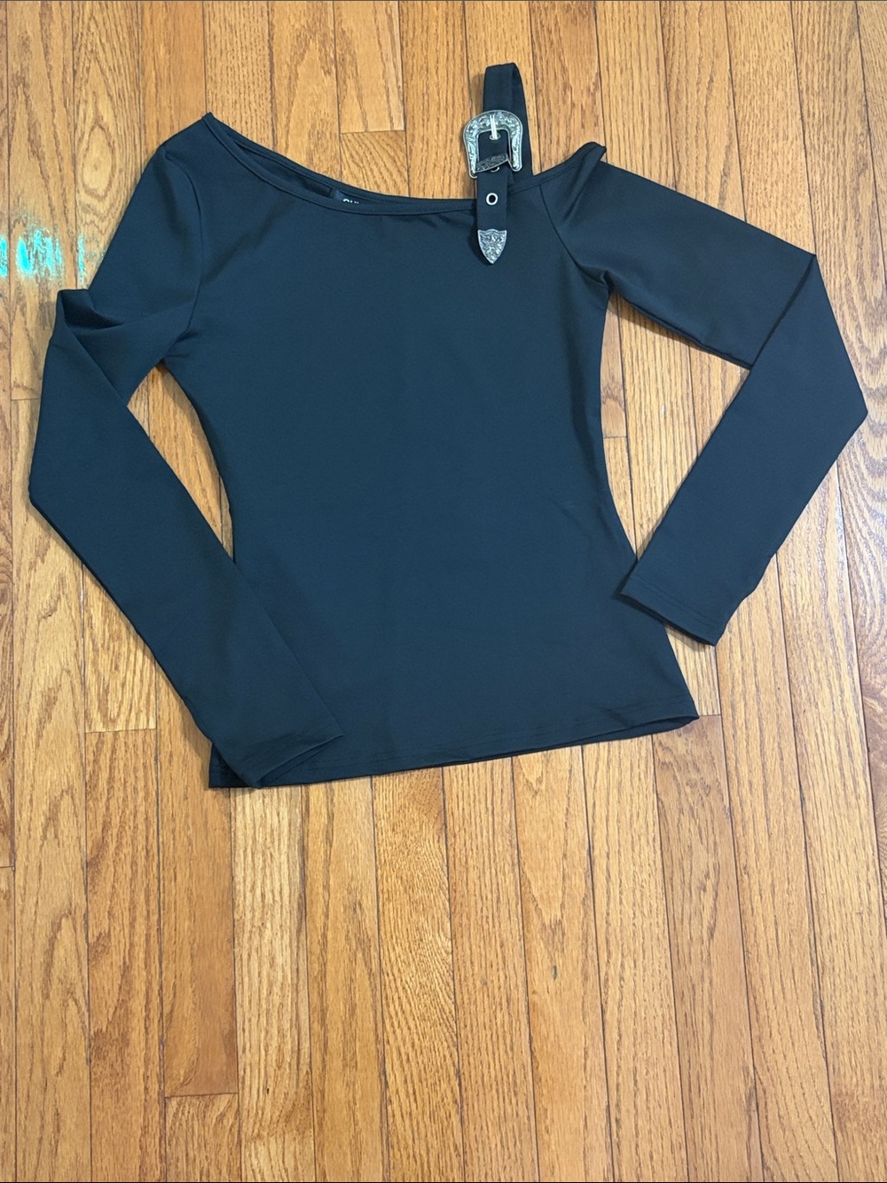 One-Shoulder Long Sleeve Top with Buckle Strap - Black